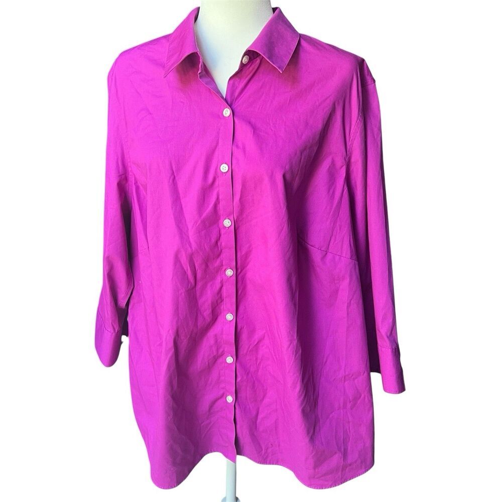 Lands' End Women's 3/4 Slv Flip‎ Cuff Stretch Shirt Purple 22 W Fuschia